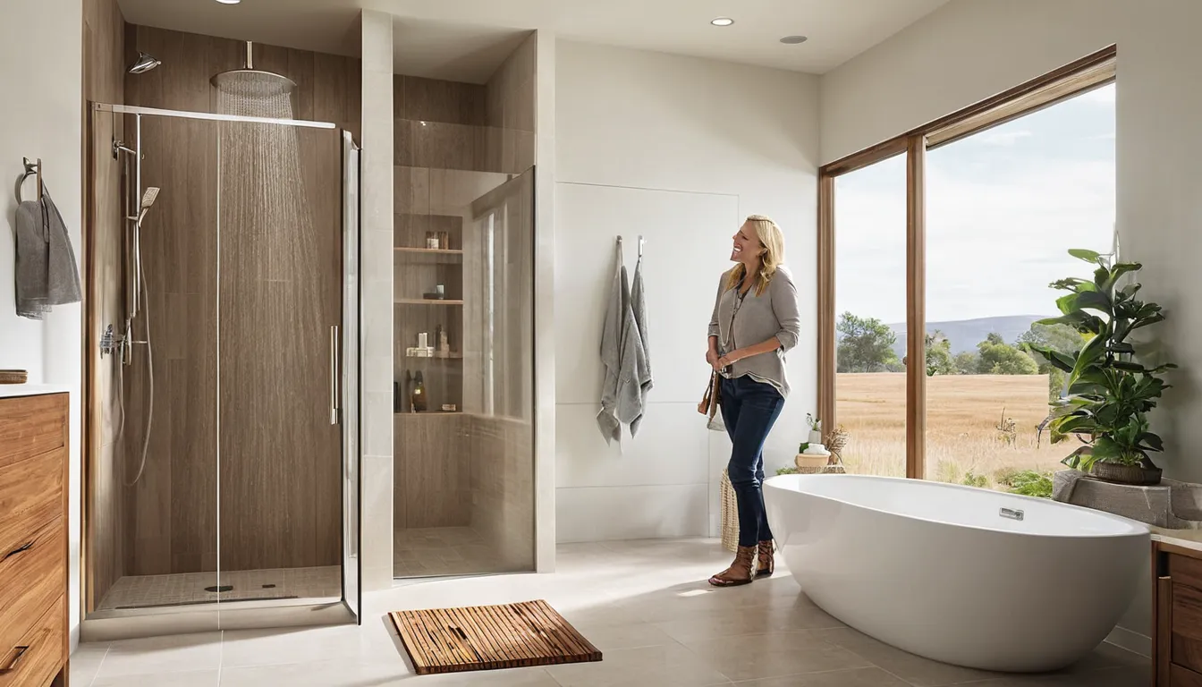 A bright, accessible walk-in shower with a low entry, grab bar, and built-in seat in a Pevely home